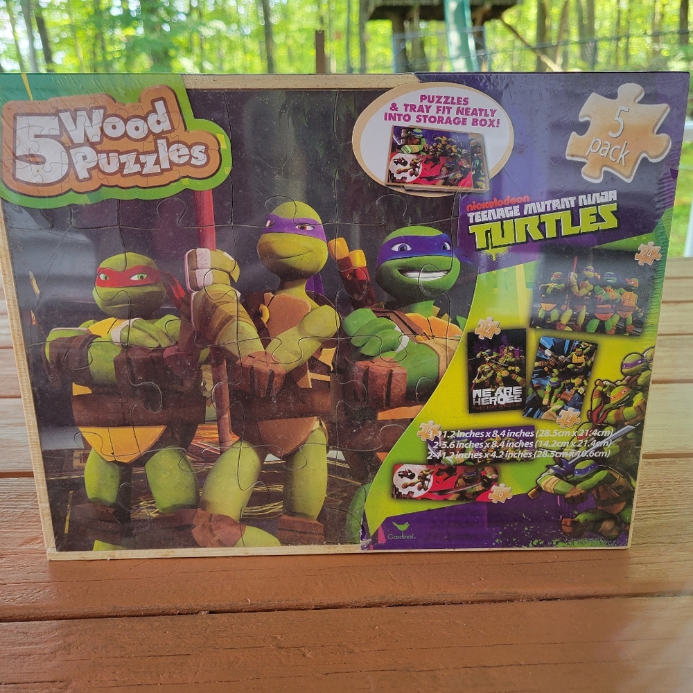 Nickelodeon Teenage Mutant Ninja Turtles 5 Wood Puzzles And Storage Wood Box New